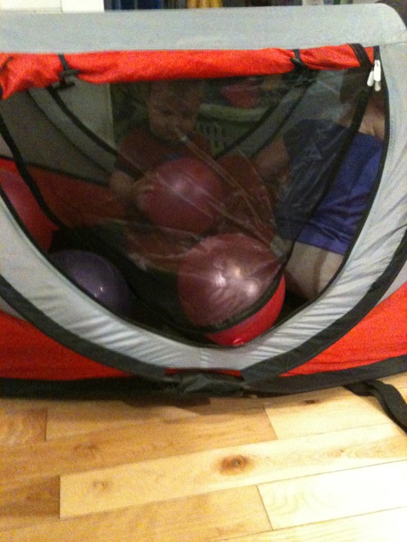 Playing in a peapod during their first birthday party